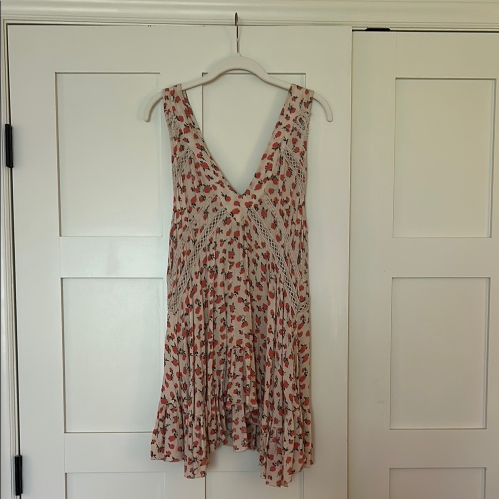 Free People Pink and Cream Rosette Dress with Asymmetrical Hem